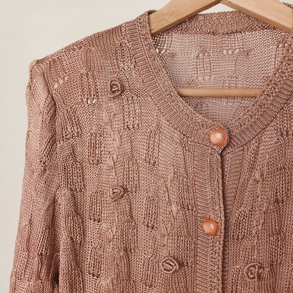 90s vintage silk pointelle embroidered knit cardigan dusty pink - Picture 8 of 13